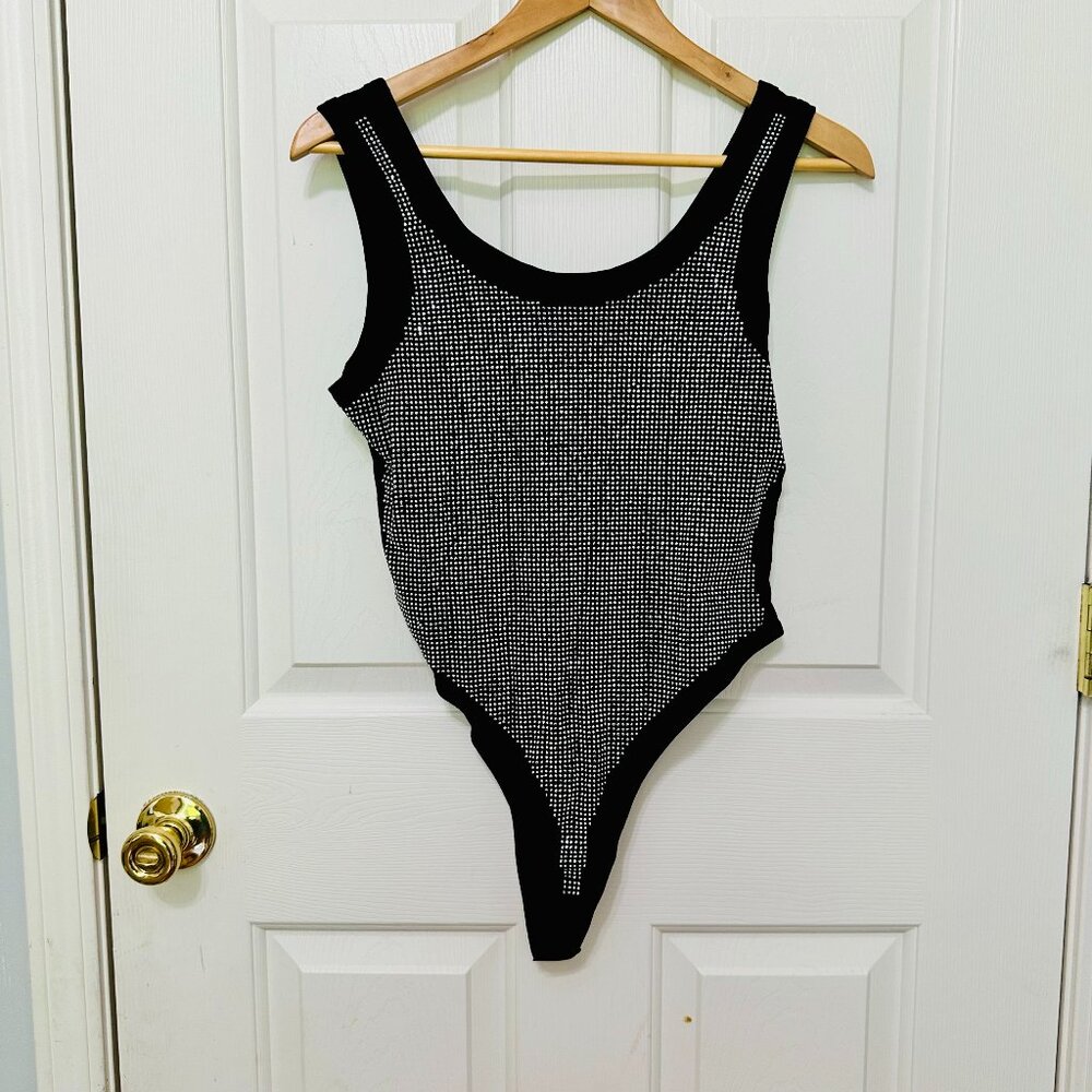LIZETTE COLLECTION LC STUDDED SLEEVELESS BLACK BODYSUIT JUNIORS LARGE